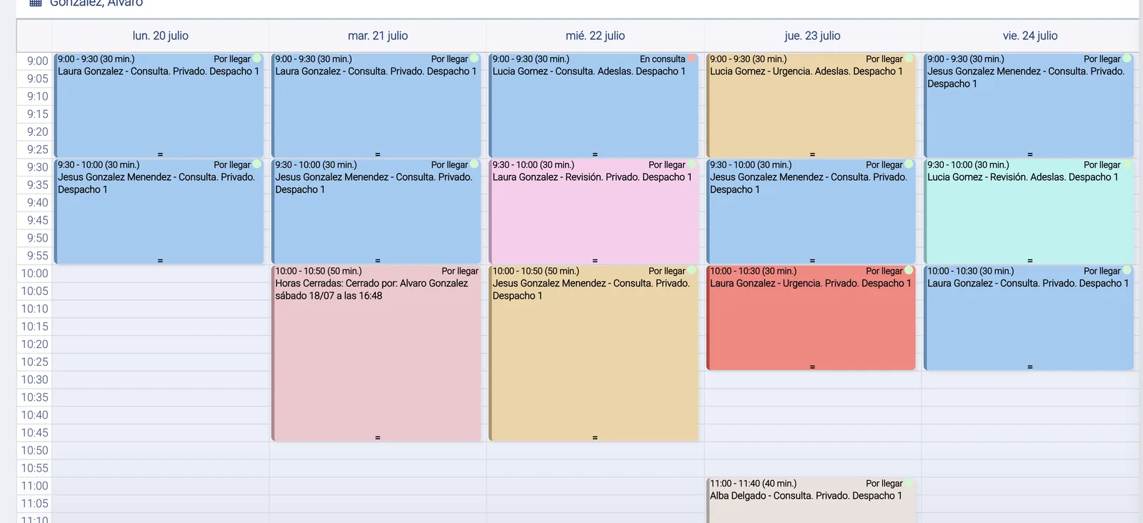 Agenda dental por colores con citas de odontopediatría en XDentalCloud