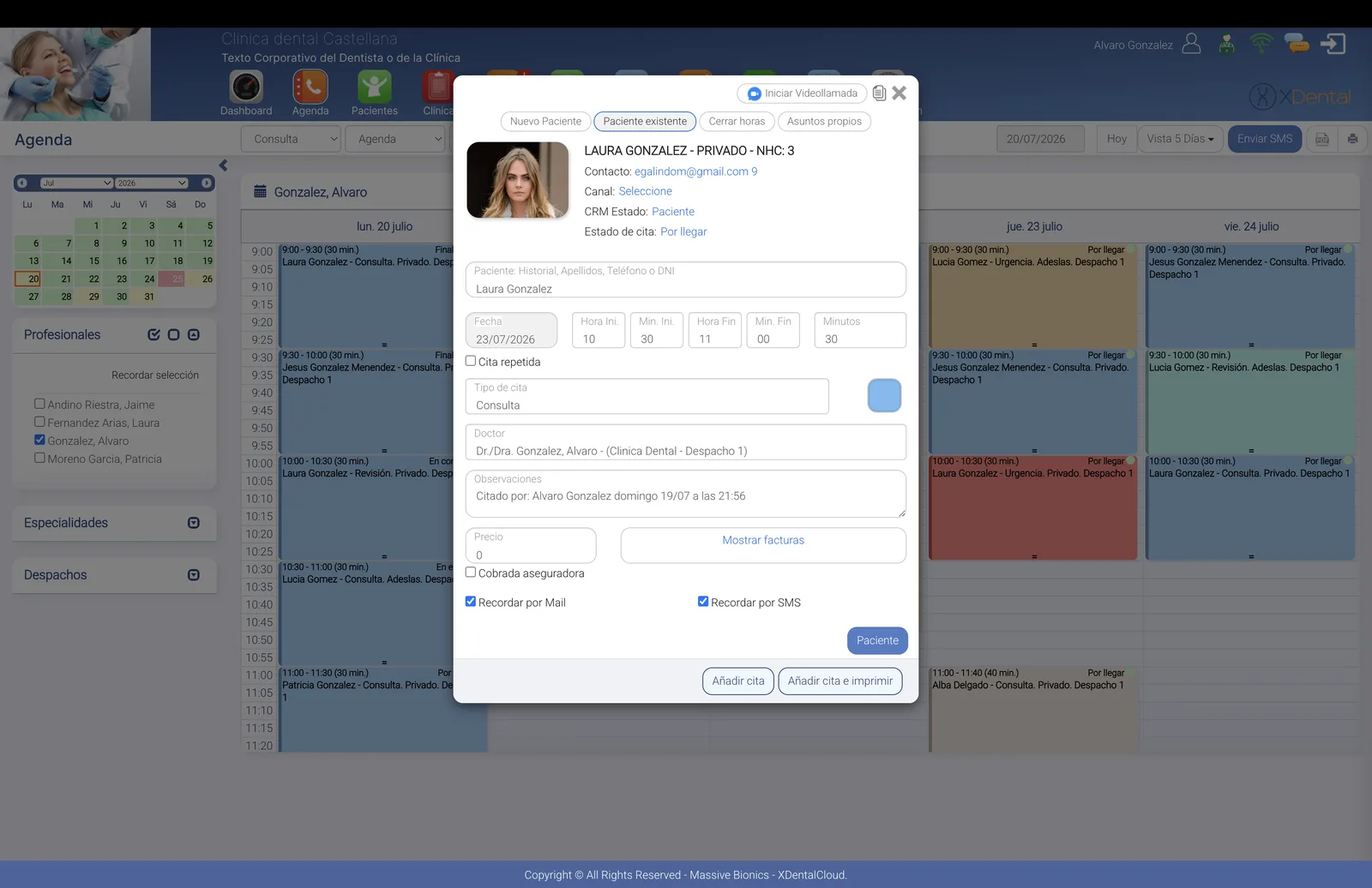 Creación de una cita en la agenda dental de XDentalCloud