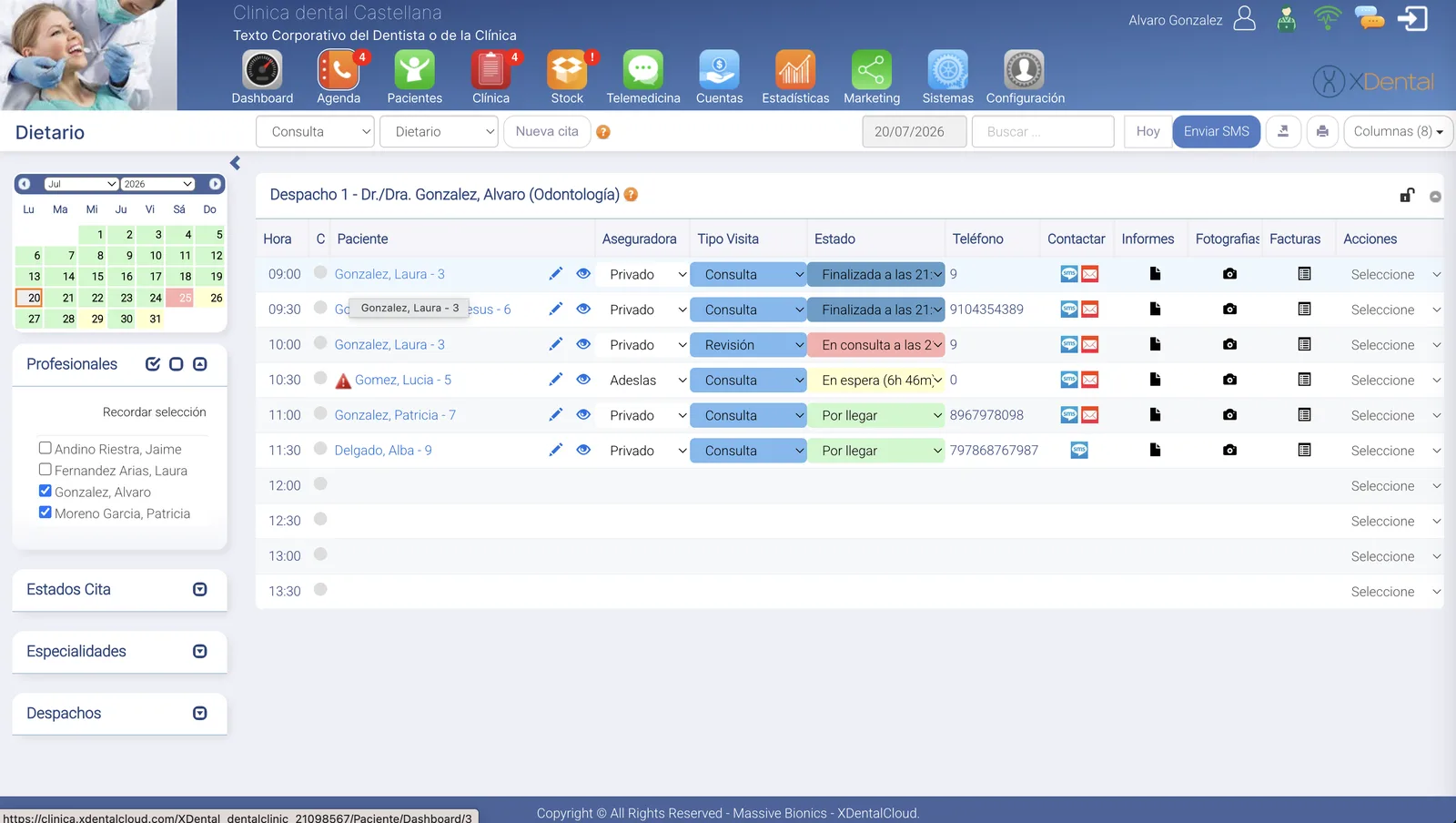 Vista dietario de la agenda dental de XDentalCloud con los datos del paciente