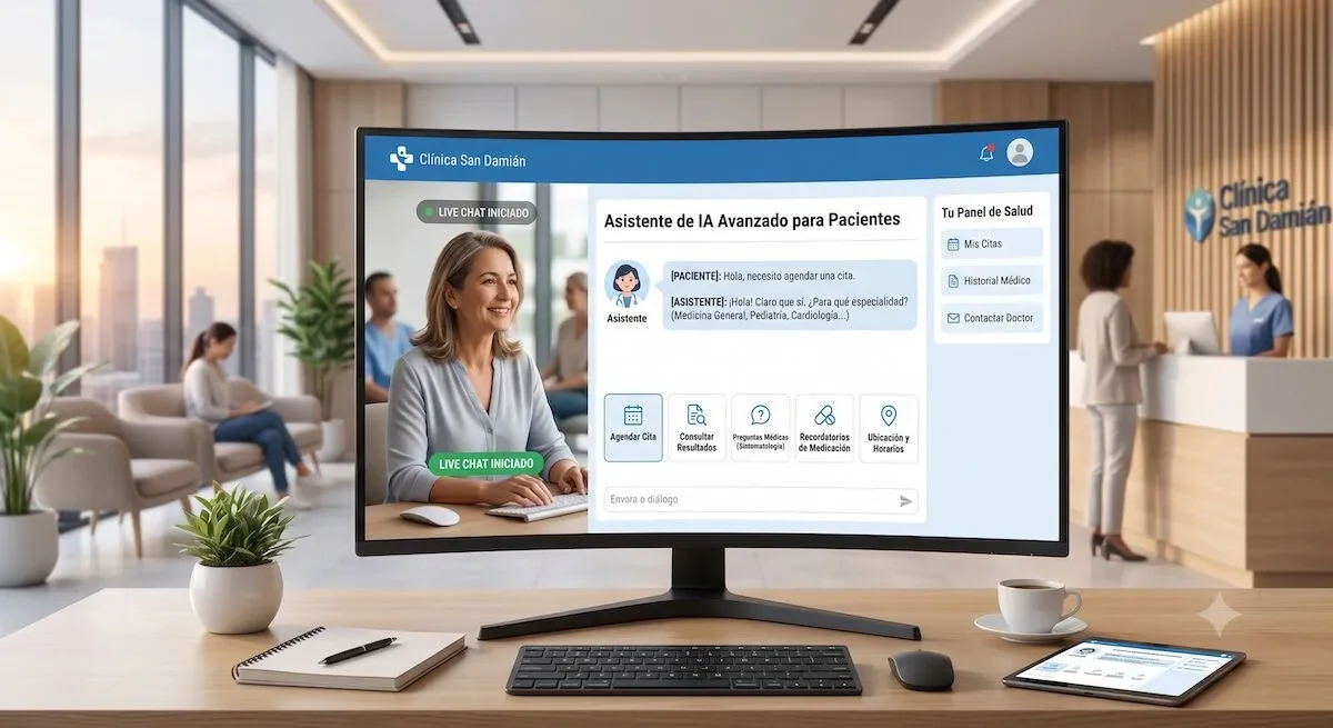 Chatbot de inteligencia artificial atendiendo a una paciente en la web de la clínica