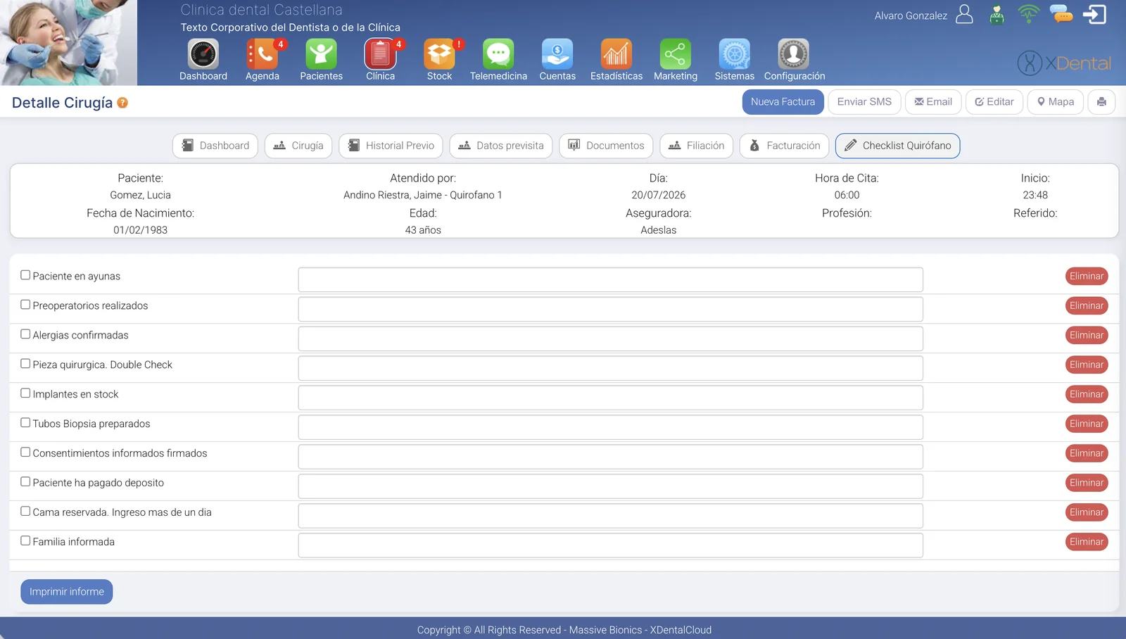 Checklist de quirófano de XDentalCloud con las verificaciones previas a la cirugía oral