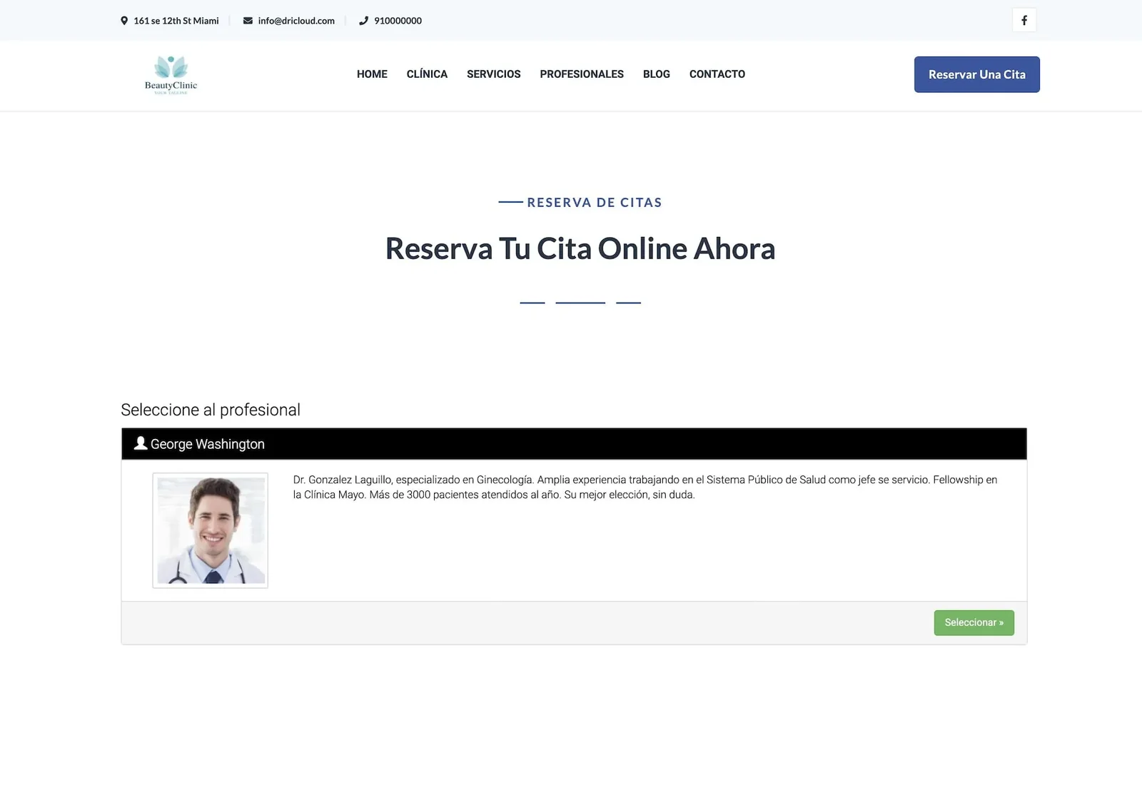 Captura real de la cita online integrada en la web de la clínica