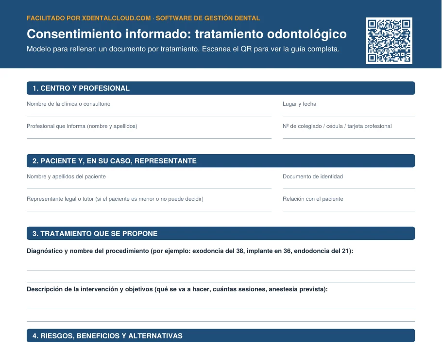 Modelo de consentimiento informado odontológico de XDentalCloud, primera página