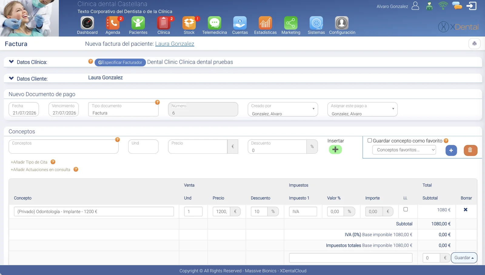 Factura creada en XDentalCloud desde la cita, con conceptos e impuestos calculados automáticamente