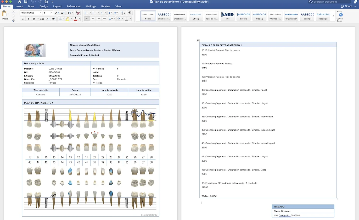 Informe de cirugía generado por XDentalCloud en Microsoft Word con el detalle del tratamiento