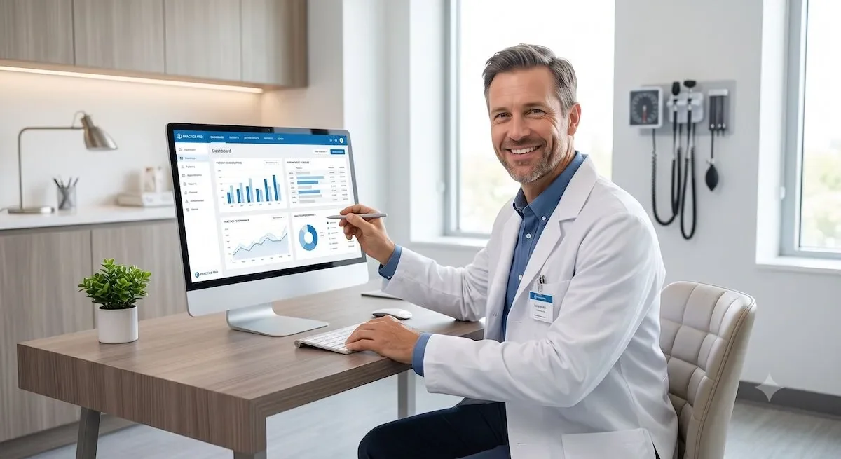 Dentista gestionando su consulta con el panel de inteligencia artificial de XDentalCloud