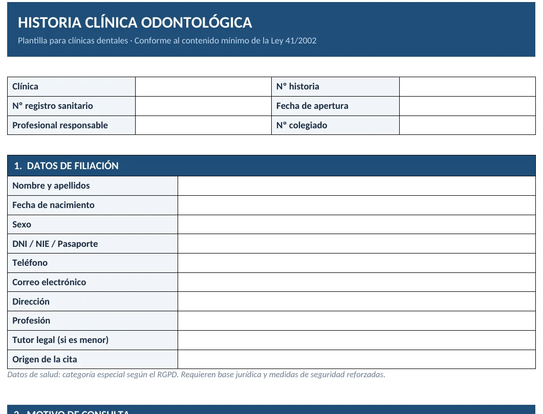 Plantilla de historia clínica odontológica en PDF lista para imprimir