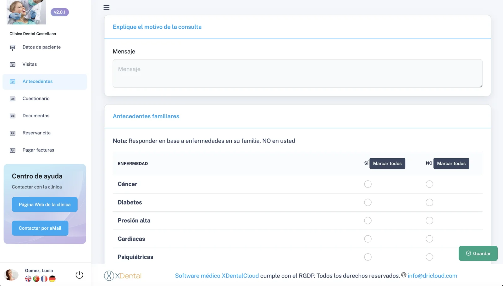 Cuestionario de salud del portal del paciente de XDentalCloud con el motivo de consulta y los antecedentes familiares