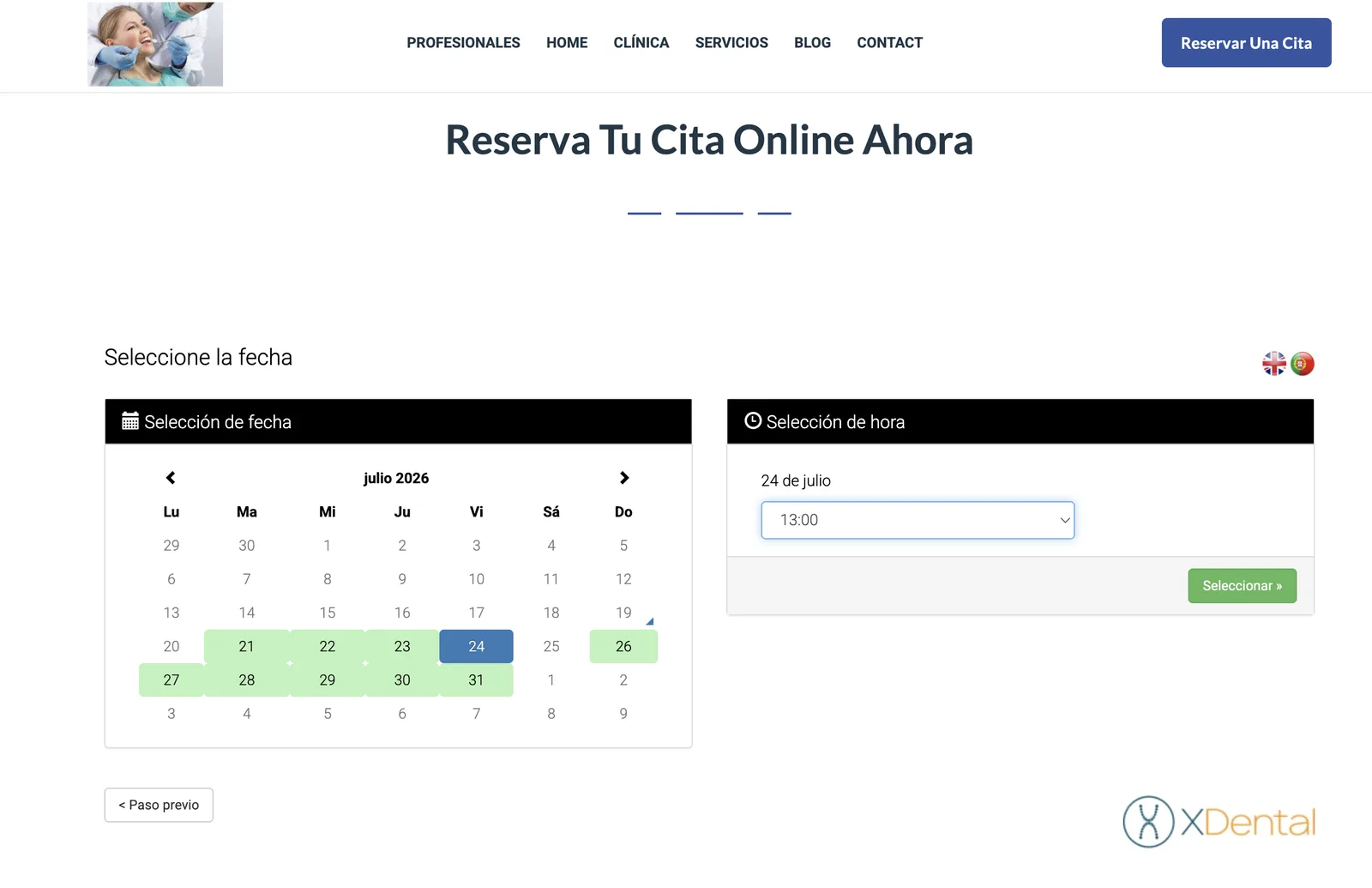 Pantalla de reserva de cita online de XDentalCloud con calendario y selección de hora